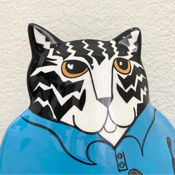 CATS by Nina Lyman Blue Ceramic Cat Golfer 9.5” Planter Vase - Picture 15 of 15